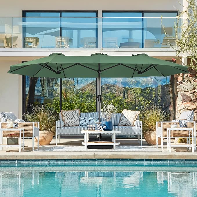 SUPERJARE 13FT Outdoor Patio Umbrella with Base Included, Double Sided Pool Umbrellas with Fade Resistant Canopy, Large Table Umbrella for Deck, Market, Backyard - Forest Green