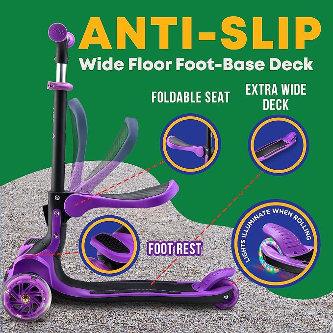 3 Wheel Scooter for Kids with Foldable Seat, Adjustable Handlebar Height, Lean-to-Steer Ride On Toy for Kids Ages 2+, Light-Up LED Wheels, Wide Anti Slip Deck, Indoor & Outdoor Use
