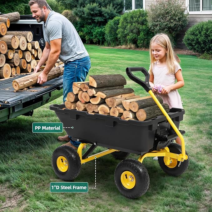 900LB Garden Dump Cart, 2026 Upgraded Heavy Duty Wheelbarrow Cart with 10" Non-Slip Pneumatic Tires & Quick-Release System, 4-Wheel Steel Frame Wagon for Transportation in Yard, Farm, Garden