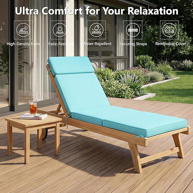 72 x 21 Inch Outdoor Chaise Lounge Cushion - Removable Cover, 4-Section Design, Water-Repellent & Fade-Resistant, 6 Tie Straps, Replacement for Patio & Pool Chairs - Light Blue