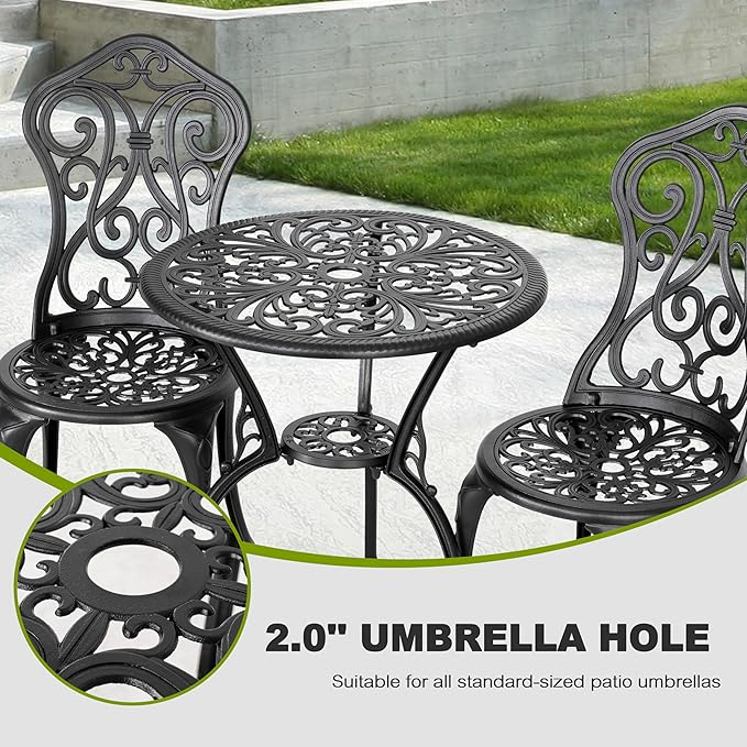 NUU GARDEN 3 Pieces Patio Bistro Set, Outdoor Bistro Set with 2 Chairs, Round Table with Umbrella Hole, All-Weather Outdoor Patio Bistro Set for Garden, Lawn, Poolside, Porch, Black
