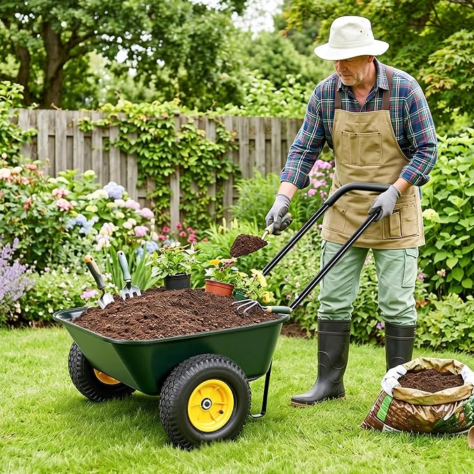 Autodaya 2 Wheel Wheelbarrow, Dual-Wheel Garden Dump Cart with 10" Non-Slip Pneumatic Tires & Ergonomic Padded Handle, Heavy-Duty Home Utility Yard Cart Wagon for Lawn, Farm, Porch, Gardening, Green