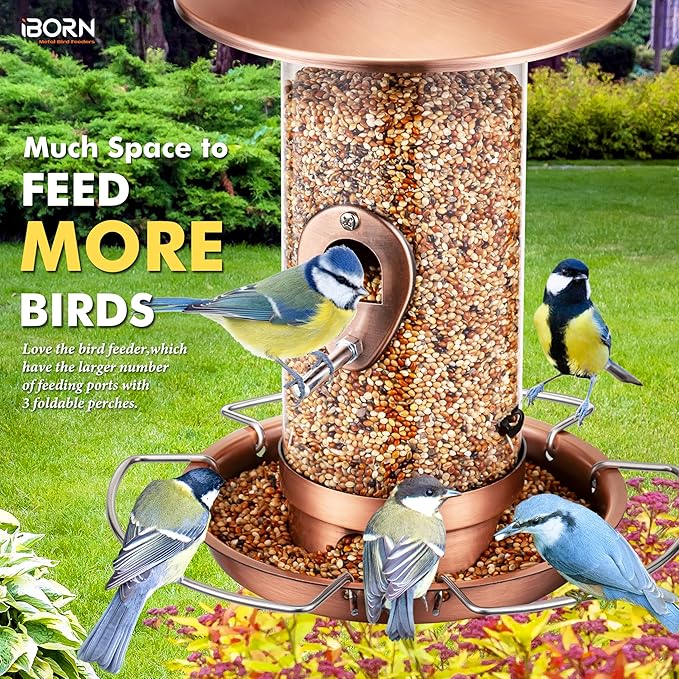iBorn Bird Feeder Squirrel-Chew Proof Metal Hanging Birds Feeder Bird Feeders for Outdoors Hanging Outside for Cardinal, 3 Perches with 2 Feeding Ports, Brushed Copper (Seed is not Included)