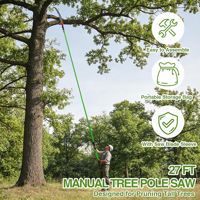 Pterying Pole Saws for Tree Trimming - 7.3-27 ft Manual Tree Trimmer with Sharp Steel Blade and Scissors, Long Reach High Branch Cutter for Garden Landscaping Pruning Palms Shrubs Fruit Trees