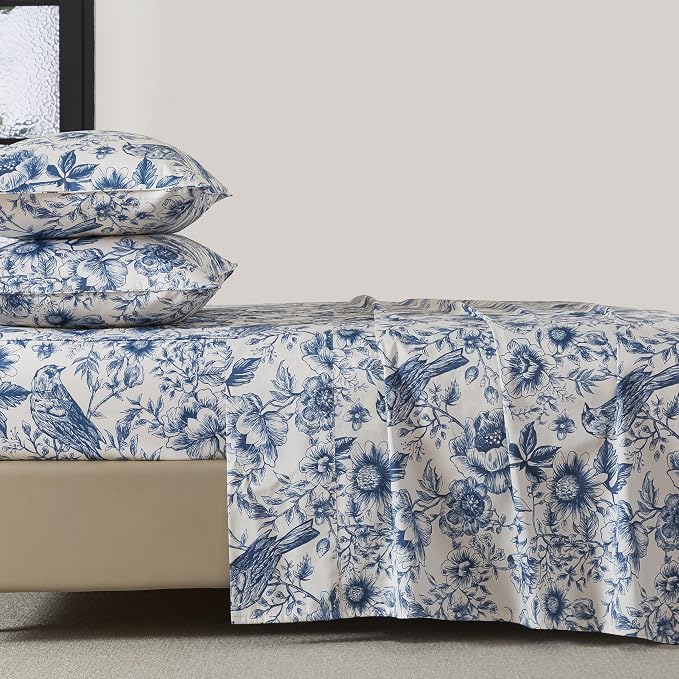 FADFAY Sunflower Bird Sheets Set King 100% Egyptian Cotton Blue Toile de Jouy Bedding Vintage Blue and White Floral Farmhouse Bedding Shabby French Country Sheets Deep Pocket Soft Breathable 4Pcs