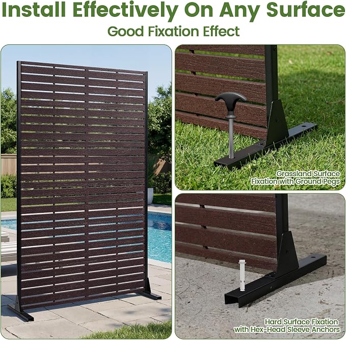 Outdoor Privacy Screen 72" H HDPE Decorative Freestanding Privacy Panel, Sandblasting Louvered Privacy Screens with Stand, Weather-Resistant Panel for Patio, Balcony, Backyard(6 Panels)