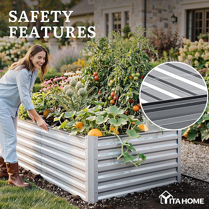 YITAHOME 8x4x2 ft Galvanized Raised Garden Bed Kit, Large Metal Planter Box with Gloves, Safety Rubber & Support Rod, Outdoor Flower Bed for Plants Vegetables, Silver