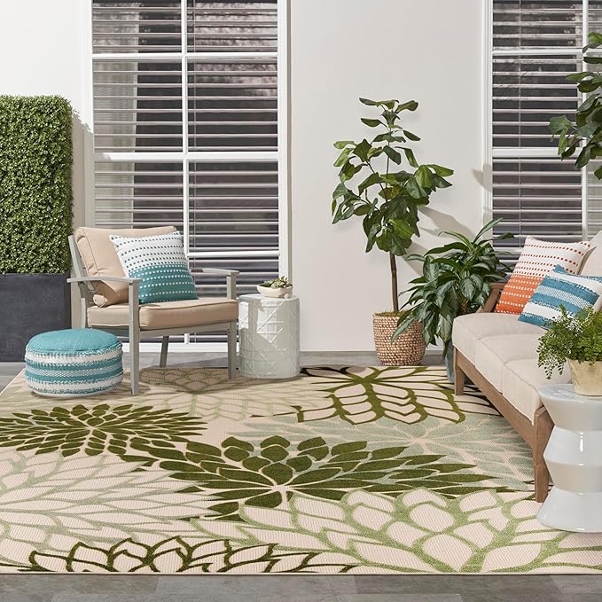 Nourison Home Aloha Indoor-Outdoor Ivory Green 10' x 14' Area Rug, Easy Cleaning, Non Shedding, Bed Room, Living Room, Dining Room, Backyard, Patio, Deck (10x14)