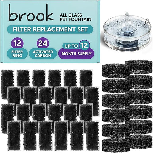 BROOK Glass Pet Fountain Filter Replacement Set – 12 Filter Rings & 24 Activated Carbon Pouches – Up to 12 Month Supply Replacement Filters Set for BROOK Cat Fountain