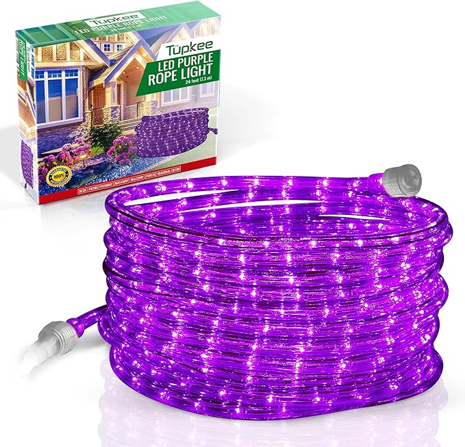 Tupkee LED Rope Light Purple - for Indoor and Outdoor use, 24 Feet (7.3 m) - 10MM Diameter - 144 LED Long Life Bulbs Rope Tube Lights