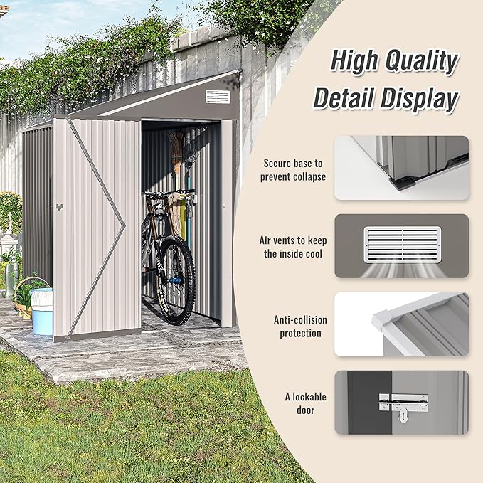 YOPTO 4x8 FT Outdoor Metal Storage Shed,Waterproof Lean to Tool Sheds,Heavy-Duty Unit with Single Hinge Side Door and Ventilation Windows,Weather Resistant,for Backyard,Patio,Lawn,Dark Gray