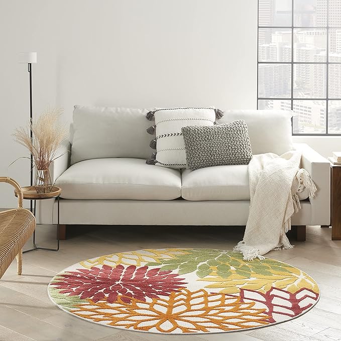 Nourison Home Aloha Indoor/Outdoor Red Multi Colored 5'3" x Round Area Rug, Tropical, Botanical, Easy Cleaning, Non Shedding, Bed Room, Living Room, Dining Room, Deck, Backyard, Patio (5 Round)