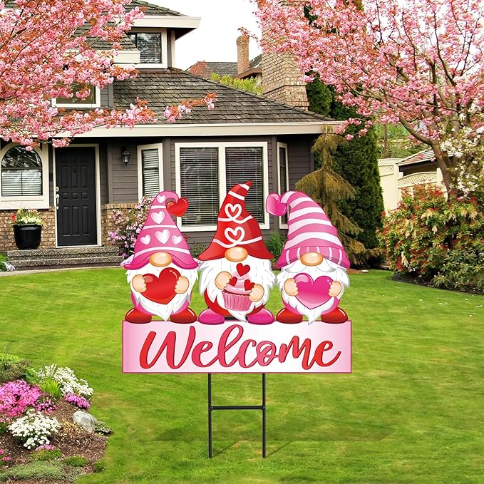 JarThenaAMCS Valentine's Day Metal Garden Stakes Red Pink Heart Gnome Yard Stake Decorative Welcome Lawn Sign for Wedding Anniversary Home Outside Lawn Porch Decor