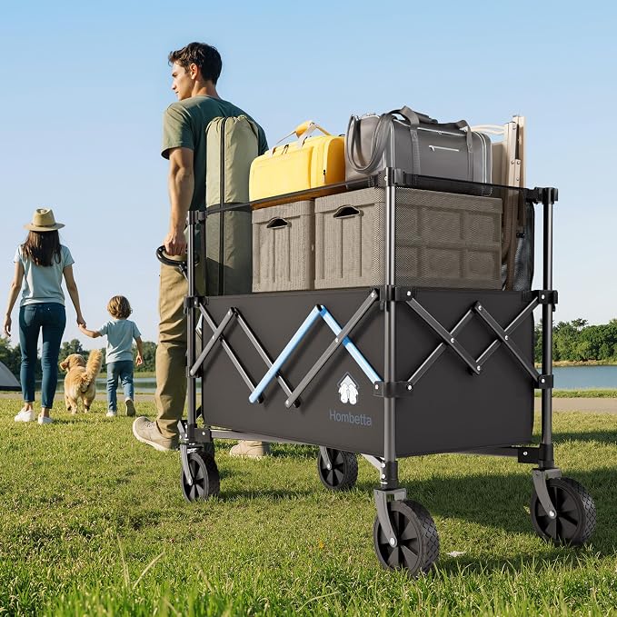 39" Collapsible Wagon Cart, 450 lbs Heavy Duty Folding Wagon with Brakes, Adjustable 150L-300L Utility Wagon with All-Terrain Wheels for Camping, Garden, Beach and Shopping