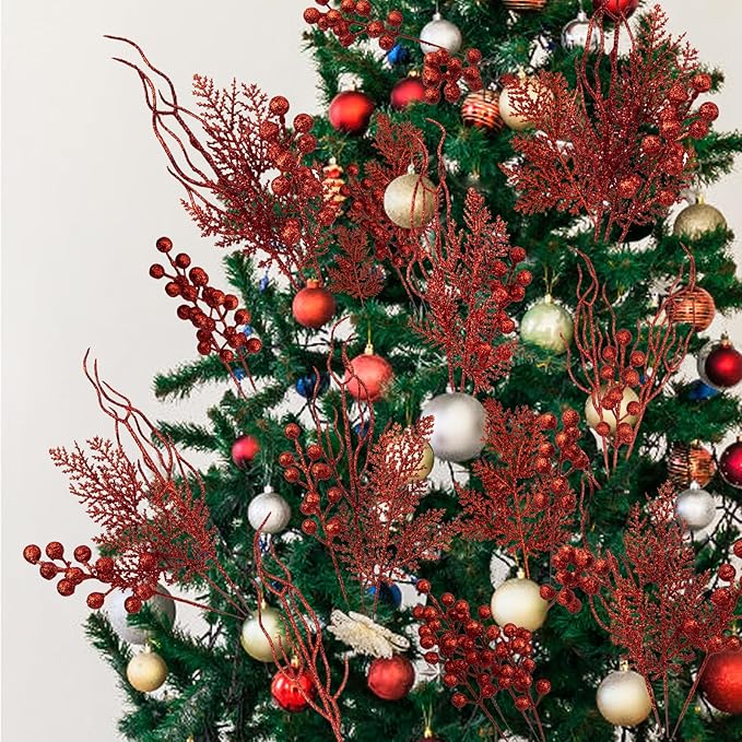 75 Pcs Christmas Glitter Branches, 3 Styles Artificial Christmas Picks with Red Berries, Pine Needles and Twig Sprays for Xmas Tree Ornaments, DIY Wreaths and Holiday Garland Decorations