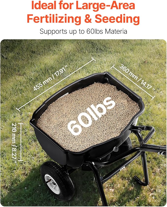 VEVOR Walk Behind Spreader, 60LBS Capacity, Push Spreader with 0-9.8 ft Spreading Width, 8 in All Terrain Pneumatic Tires, Garden & Lawn Broadcast Spreaders, for Seed, Fertilizer