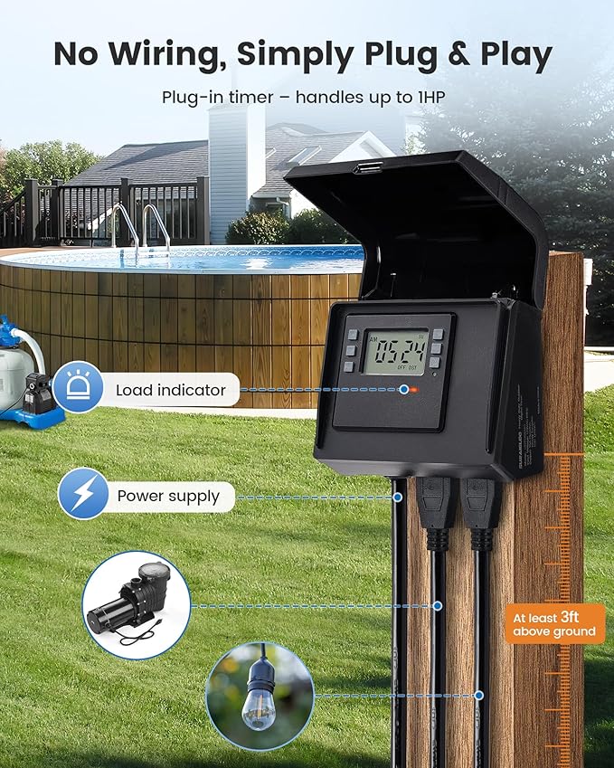 SURAIELEC Digital Pool Timer for Above Ground Pools, NEMA 5-15R Plug-in Timer with Dual Outlets, 15A 125V 1HP, Programmable 7-Day Schedule, Weatherproof Cover, for Pool Pumps, Lights and Salt Systems