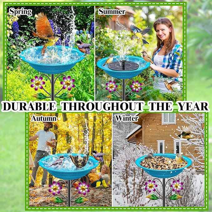 Metal Bird Bath for Outside Garden Birdbath Bowl, Freestanding Bird Feeders for Outdoors with 5 Prongs Base Stake, Standing Birdfeeders Bath Bowl for Yard Decor(Retro Blue)