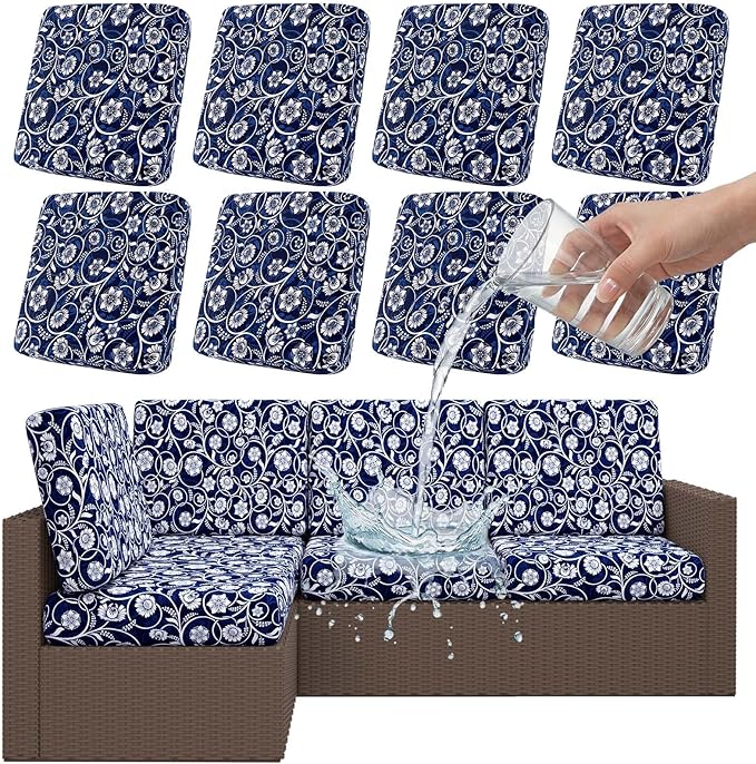 Smiry Waterproof Patio Cushion Covers, Stretch Outdoor Couch Slipcovers Replacement Washable Furniture Protector Sofa Chair Seat Cover for Dogs and Pets (8 Pcs, Navy)