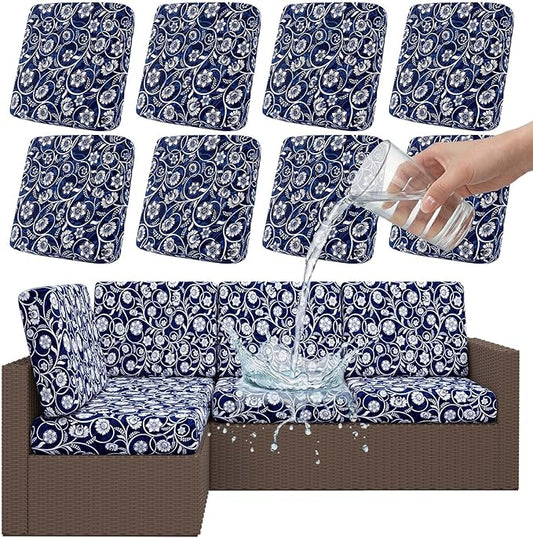 Smiry Waterproof Patio Cushion Covers, Stretch Outdoor Couch Slipcovers Replacement Washable Furniture Protector Sofa Chair Seat Cover for Dogs and Pets (8 Pcs, Navy)