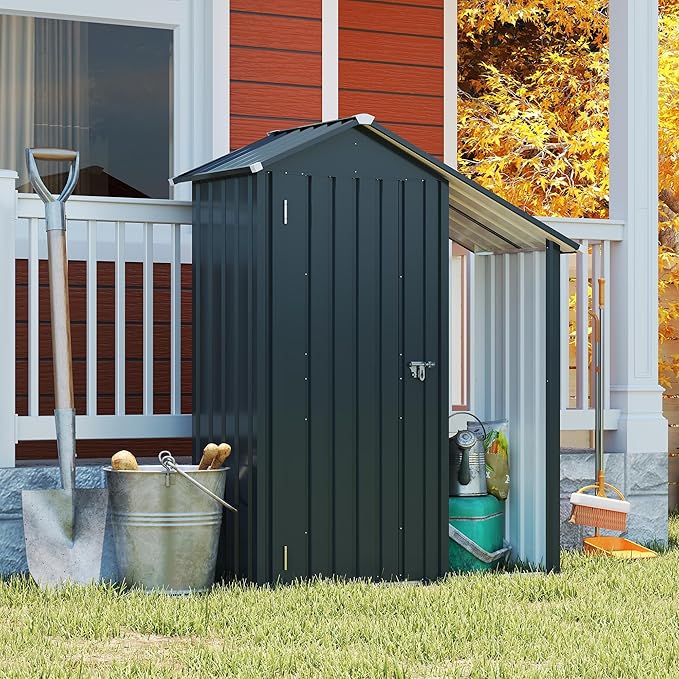 YOPTO Storage Shed,Iron 2-in-1 Storage Cabinet with A Solid Lock System and Sloped Roof,Outdoor Firewood Shed w/Waterproof,Garden Tool House for Lawnmowers,firewood,Dark Gray