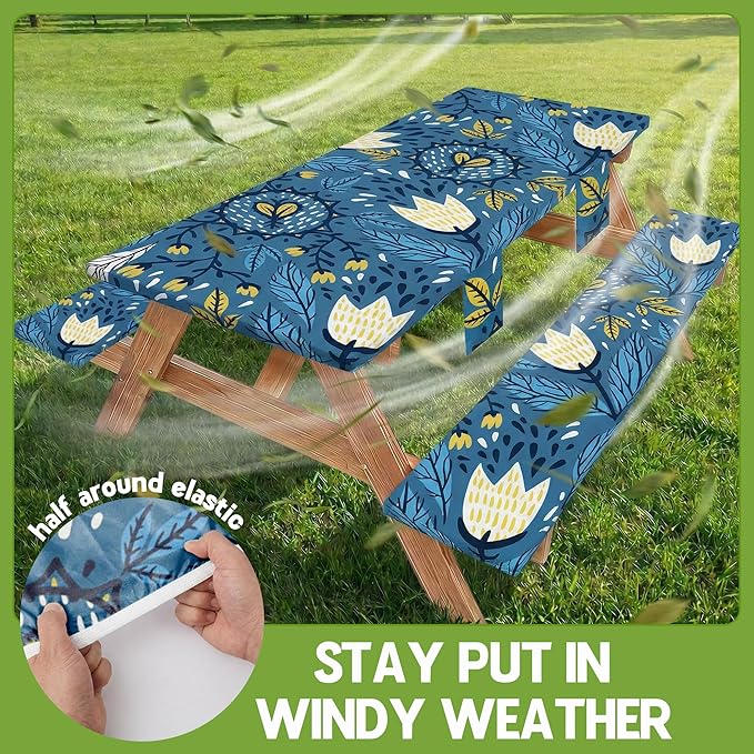 Picnic Table Cover with Bench Covers Waterproof Elastic Rectangle Tablecloth Camping Essentials Supplies Rv Car Travel Gear Must Haves Accessories Fitted Table Cloth Outdoor Road Trip Camper Gifts 6ft