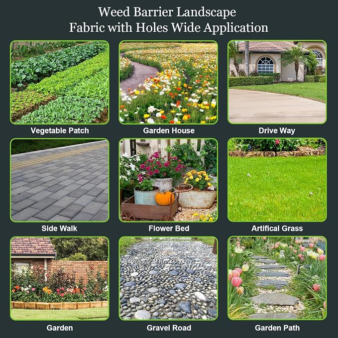 2PCS Weed Barrier Landscape Fabric, 33 x 3.3 Ft Garden Weed Barrier Fabric Heavy Duty with Planting Holes, Ground Cover Weed Barrier Weed Cloth with 20 U-Shaped Ground Nail for Weed Control