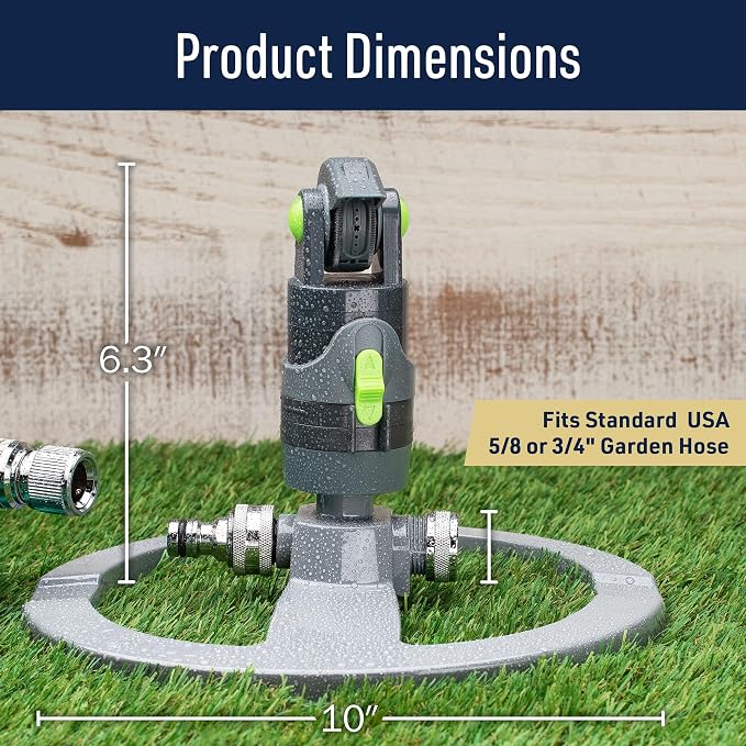 Impact Sprinklers for Yard, Garden, and Large Areas - Rotating Pulsating Lawn Sprinkler with Adjustable 360 Degree Rotating Head, 4 Spray Patterns, and Heavy Duty Metal Base by Kings County Tools
