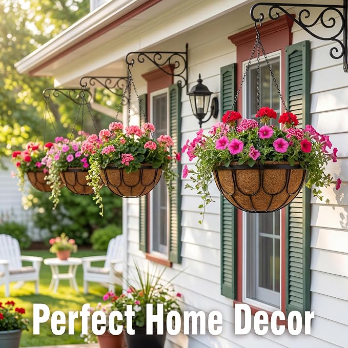 4 Pack 12 Inch Hanging Planters for Outdoor Plants, Large Metal Wire Hanging Flower Baskets with Coco Coir Liner, Black Hanging Plant Pots for Garden, Patio, Balcony & Indoor Home Decor