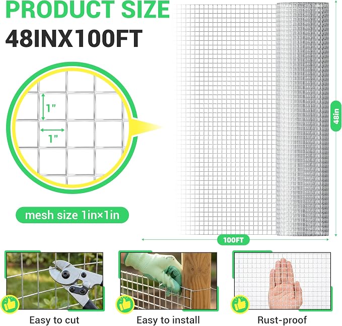Land guard Hardware Cloth, 1 inch 48inch×100ft Chicken Wire Fence, Galvanized Welded Cage Wire Mesh Roll Supports Poultry Netting Cage Fence