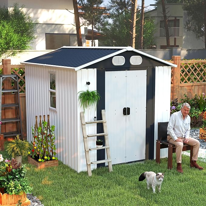 KEIKI 8x6 FT Heavy-Duty Outdoor Storage Shed, Metal Shed with Reinforced Frame, Lockable Doors & Air Vents, Weatherproof Garden Tool Shed for Backyard, White