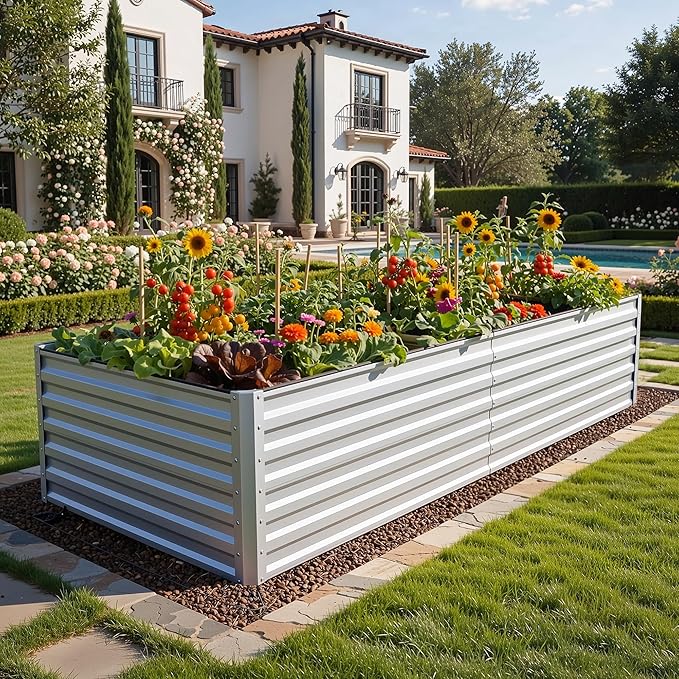 YITAHOME 8x4x2ft 2pcs Large Raised Garden Bed Kit, Galvanized Metal Planter Box with Gloves, Ground Nails & Safety Rubber, Outdoor Above Ground Planters for Plants Vegetables Flowers, Silver Gray