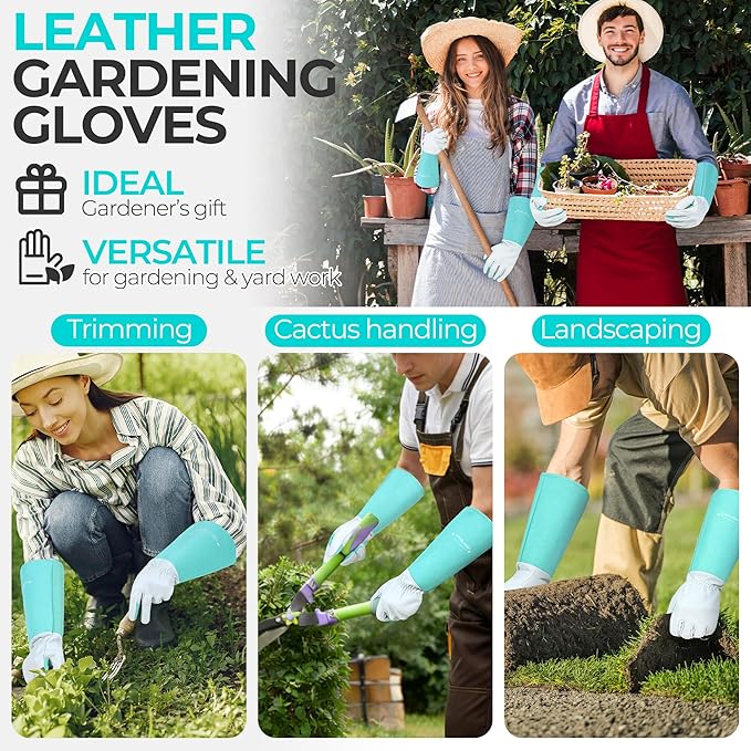 HANDLANDY Long Gardening Gloves for Men & Women, Thorn Proof Rose Pruning Gloves Leather Gauntlets Garden Glove Yard Work Glove (Teal Green, Medium)