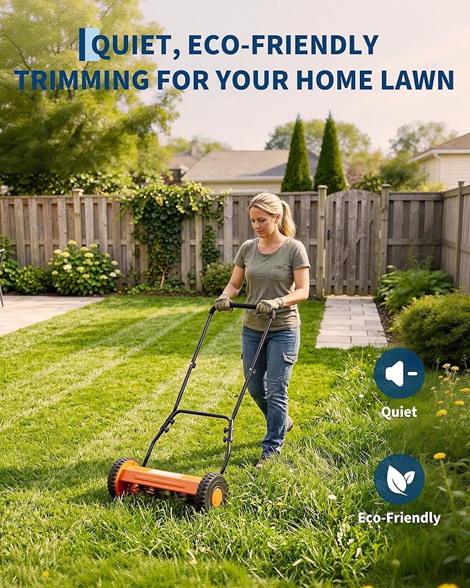 16 Inch Manual Reel Lawn Mower, 5-Blade Push Reel Mower with Adjustable Cutting Height, Walk-Behind Compact Hand Push Mower for Small Yards, Quiet Cordless Mowing (Orange) — No Grass Catcher Bag