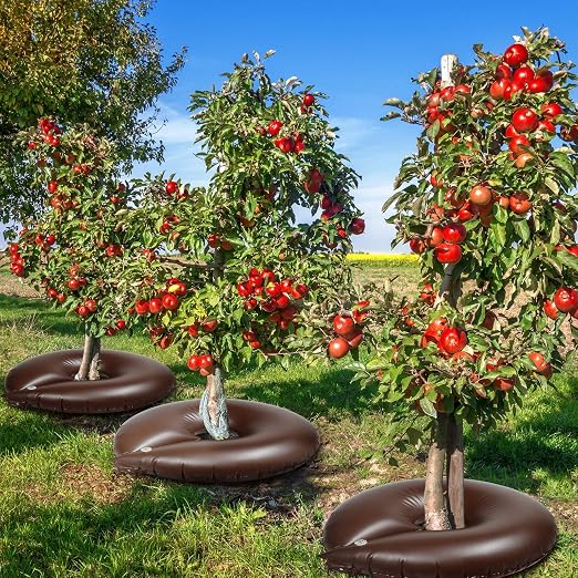 TaoBary 12 Pcs 10 Gallon Tree Watering Ring Bag Slow Release Watering Bag Deep Root Automatic Drip System PVC Drip Irrigation Pouch Donuts for Newly Planted Multi Trunk Trees Shrubs (Brown)