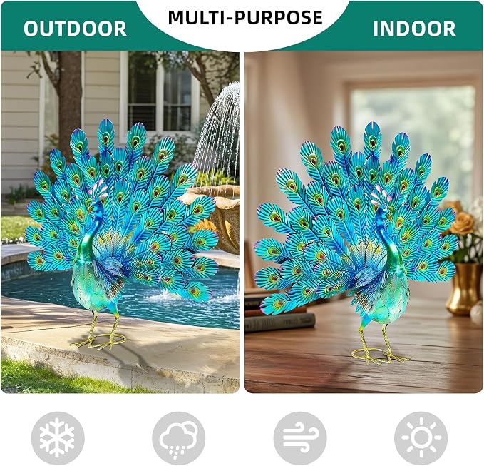27.5" Metal Peacock Garden Statue with Spread Tail Yard Art | Handmade 3D Textured Peacock Sculpture, Outdoor Metal Yard Art for Patio, Garden, Entryway Decoration.