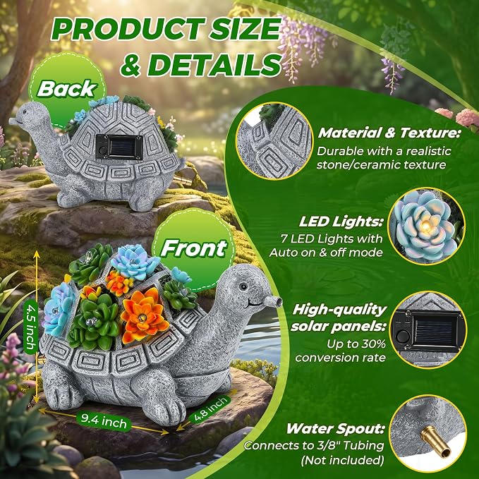Jetec Solar Garden Statue Fountain Turtle, Pond Water Spitter Aerator, Lawn Decor Tortoise Statue with Succulent and LED Lights for Outdoor Patio, Yard, Ponds, Water Garden Decor