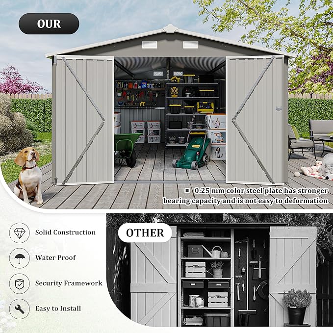 YOPTO 10x14 FT Outdoor Storage Shed, Extra Large Metal Garden Shed with Waterproof Roof, 4 Vents and 3 Lockable Doors,All-Weather Tool Shed Storage House for Backyard, Patio, Lawn,Light Grey