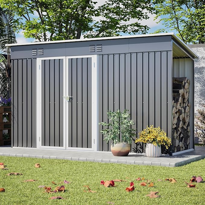 KEIKI Storage Shed 10x4 FT, Large Metal Tool Shed with Woodshed for Outdoor Storage, Galvanized Steel Garden Shed with Lockable Doors for Patio, Backyard, Lawn, Grey