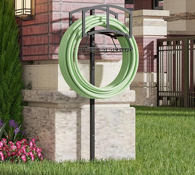 Garden Hose Holder with Storage Basket - Heavy-Duty Freestanding Hose Organizer, Black Powder-Coated, Detachable Design Holds 150FT Hose, Includes Assembly Tools for Lawn, Yard, and Garden