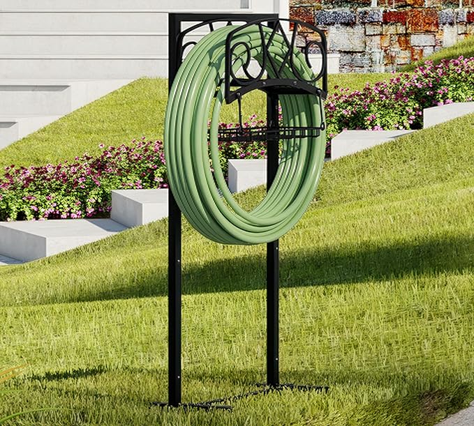 Freestanding Garden Hose Organizer with Black Powder-Coated Finish - Heavy-Duty Detachable Hose Stand Holds 150FT Hose, Includes Storage Basket & Assembly Tools for Outdoor Use