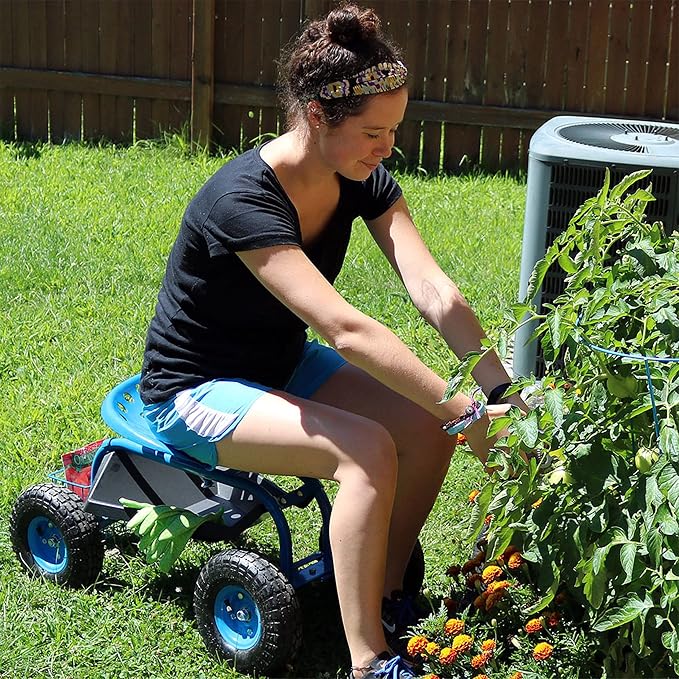 Sunnydaze Rolling Garden Cart with Seat - Garden Stool with Wheels and Adjustable 360-Degree Swivel Seat - Utility Tool Tray and Storage Basket - Blue
