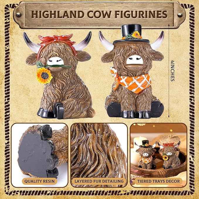 Simgoing 2 Pack Highland Cow Figurines Sunflower Highland Cow Gnomes Statues Decoration for Home Farmhouse Tabletop Centerpieces Calf Lovers Gifts for Garden Tiered Tray Home Decor