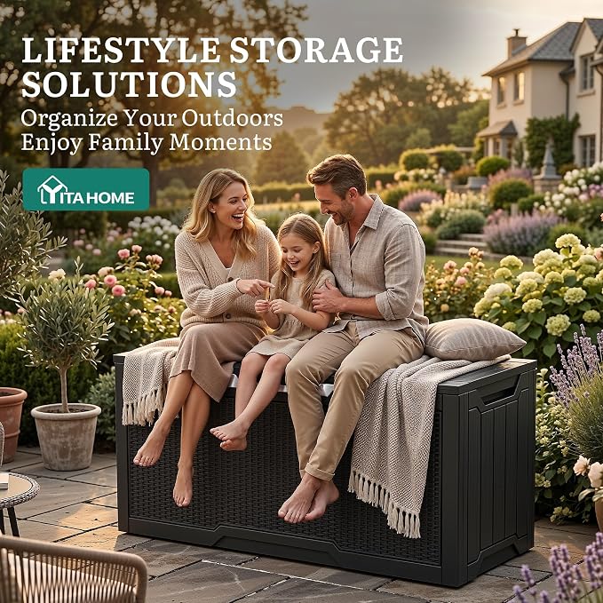 YITAHOME 80 Gallon Outdoor Storage Box, Large Water Resistant Resin Deck Box w/Silver Decorative PVC Trim Panel, Lockable Rattan Storage Container for Patio, Garden, Cushions, Tools (Black & Silver)