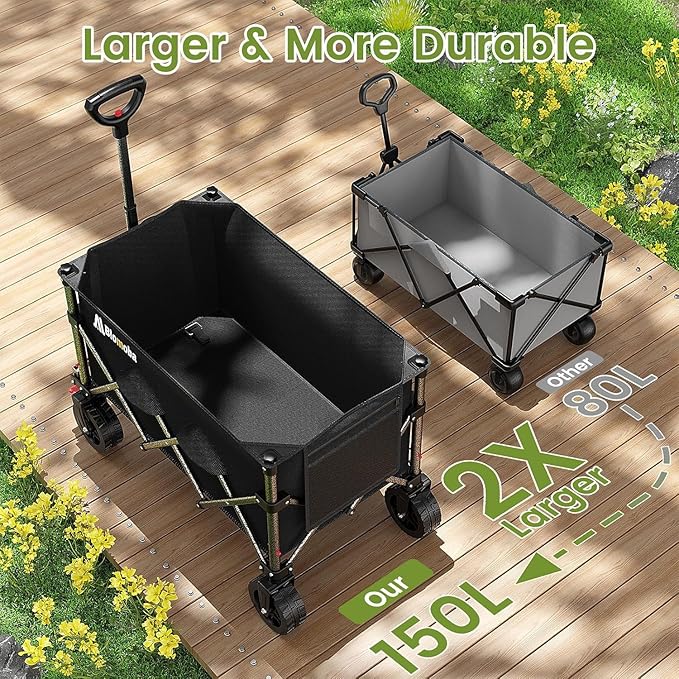 Blomoba Collapsible Wagon Cart, 150L Heavy Duty Foldable Beach Wagon with Wider Wheels & Auto-Rebound Handle, Utility Grocery Shopping Cart for Garden, Shopping, Camping, Sports, Black