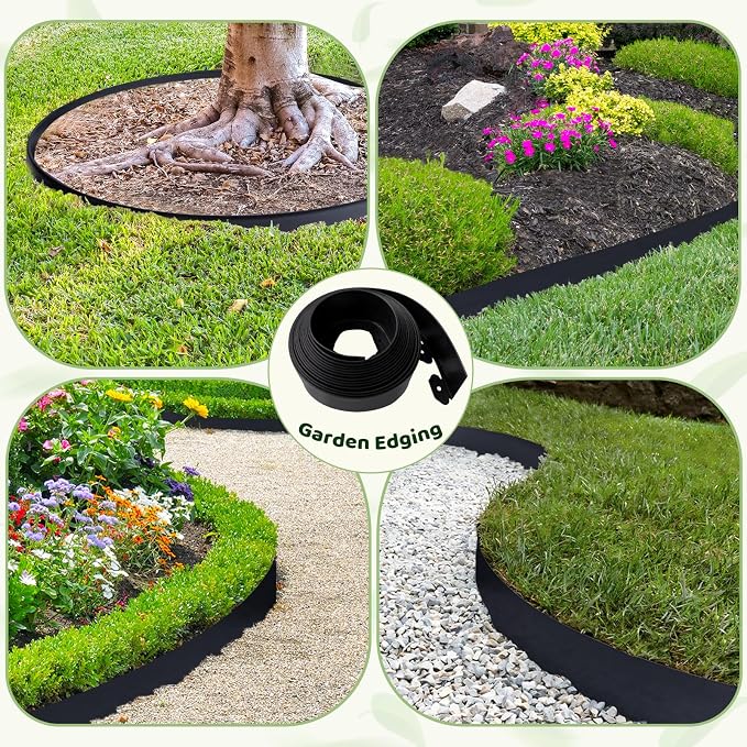 Landscape Edging - 2 Inch x 66FT Garden Border with 200 PCS Spikes, Plastic Lawn Edging for Flower Bed, Pathway and Yard(Black)