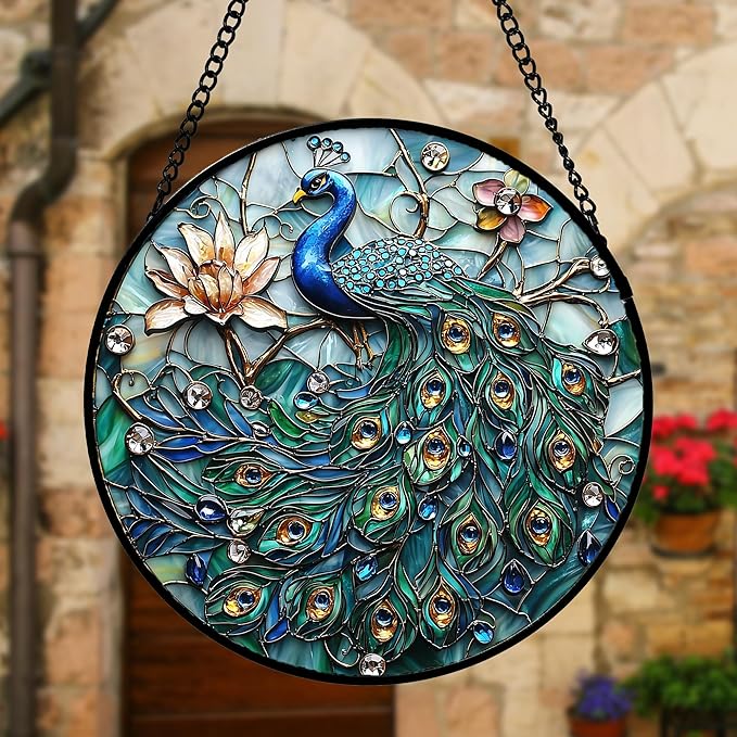 DASTOLL Stained Glass Window Hanging, Blue Peacock Decoration Suncatcher for Door Garden Home Flower Bird Sun Catchers Christmas Mother's Day Birthday Gifts for Women Men Mom Nana Friend 9.8 in