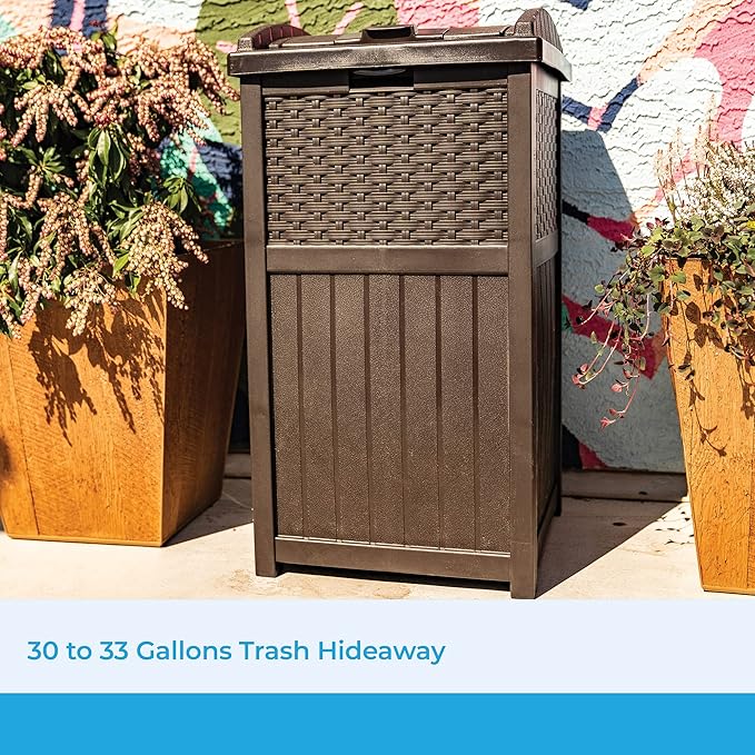 Suncast 30 Gallon Resin Outdoor Hideaway Patio Trash Can and Base Storage Cabinet Bundle