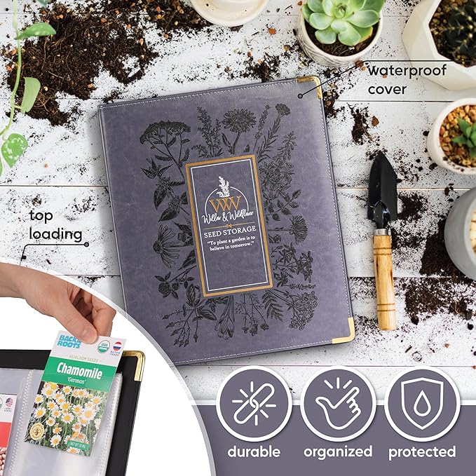 Create-ables Willow and Wildflower Garden Seed Organizer Binder, Seed Storage Organizer, Garden Binder Book for Packet Storage Catalog Can Store 120 Packets with Dibber and Widger (Slate Blue)