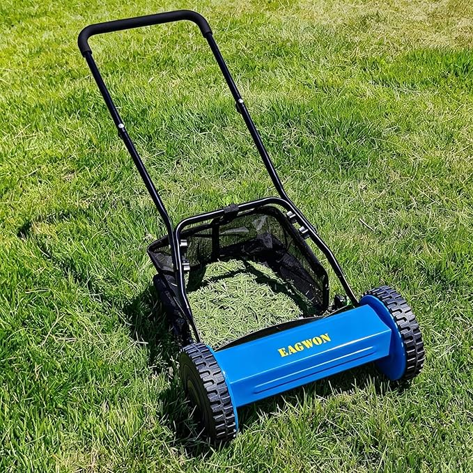 14-Inch 5-Blade Manual Push Reel Lawn Mower Cordless, with Removable Grass Catcher Bag & Adjustable Cutting Height, for Yard & Garden Grass Cutting, Blue